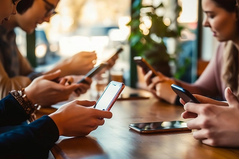 Gruppe mit Smartphones KI&nbsp;&copy;&nbsp;Adobe Stock 645527167