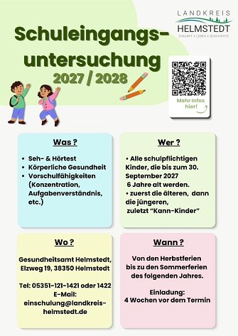 Infografik zur Schulausgangsuntersuchung 2027/2028 mit Informationen zu Was, Wer, Wo und Wann.&nbsp;&copy;&nbsp;Landkreis Helmstedt